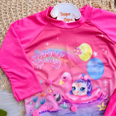 Linha Praia - Blusa Manga Longa com Proteção UV50+ e Calcinha - Peixinho com Pompons - Rosa